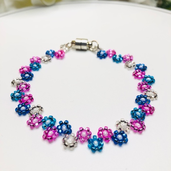 Mooey Bracelets Jewelry - Pink Blue Czech Beaded Bracelet Daisy Thin Dainty Floral Flower Bling Glam NEW